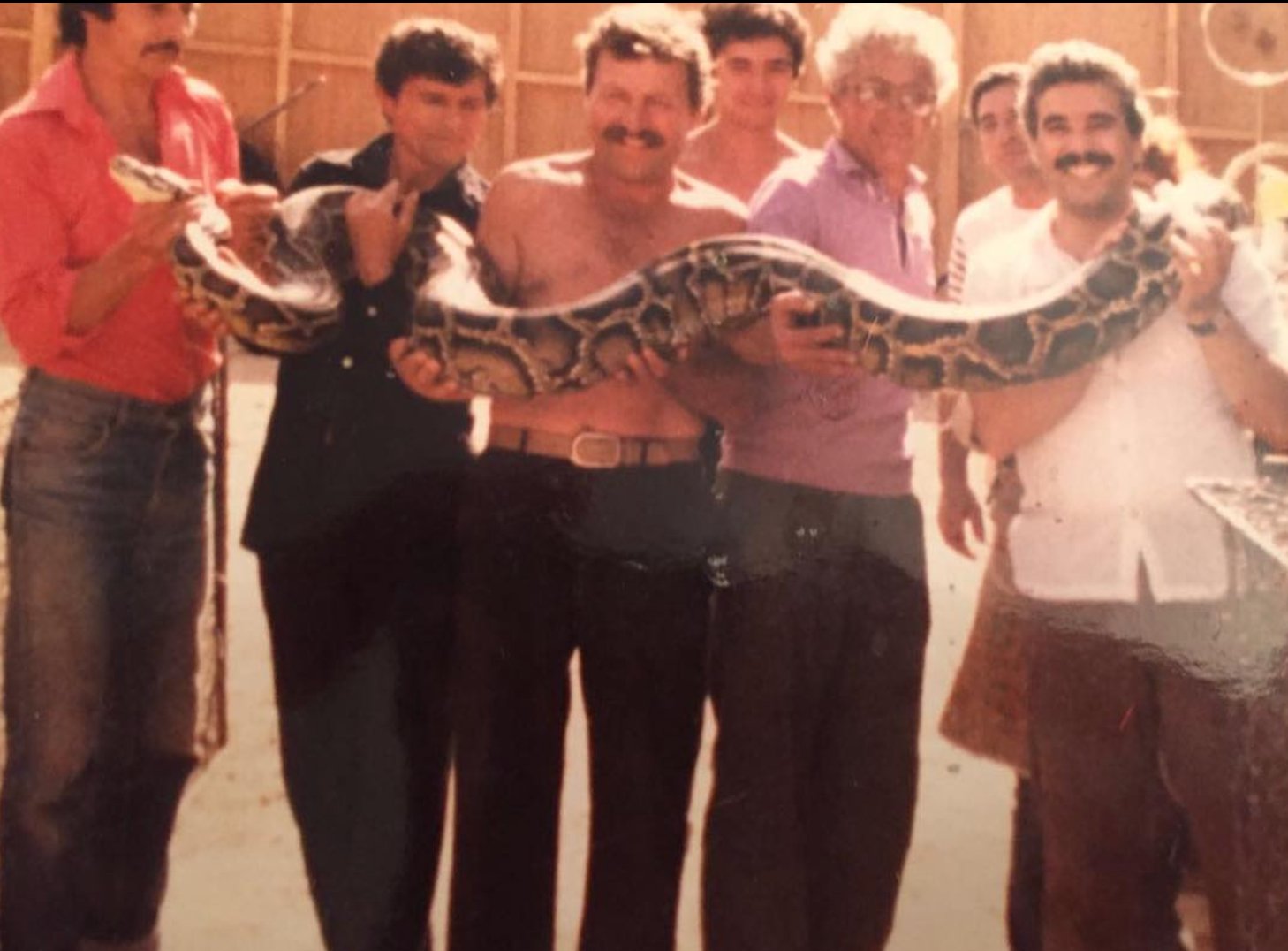 Dr. Faisal with colleagues and a large python in the early 1980s